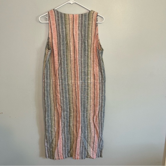 DREW Sleeveless Midi Dress Drawstring Lien Blend Rainbow Striped Womens Sz M - Picture 11 of 11